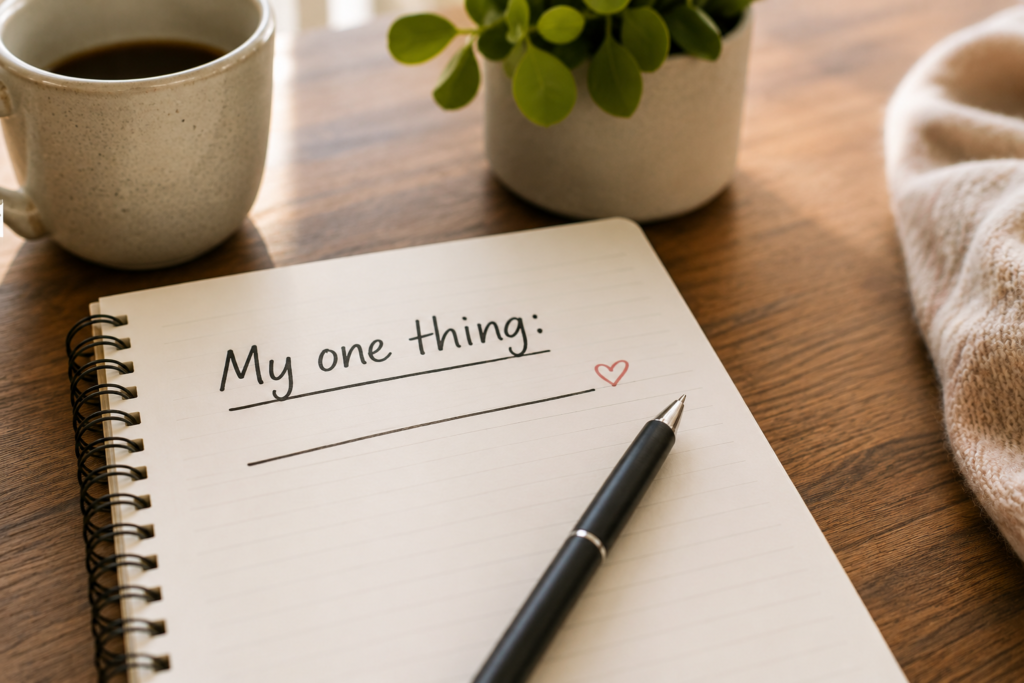 Notebook with “My one thing” written at the top, representing choosing one goal for the Accountabili-buddy 7-Day Challenge.